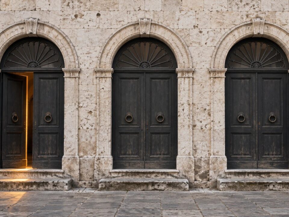 Tre portali in pietra di un edificio pubblico italiano, uno socchiuso, a illustrare le vie di accesso al Conto Termico